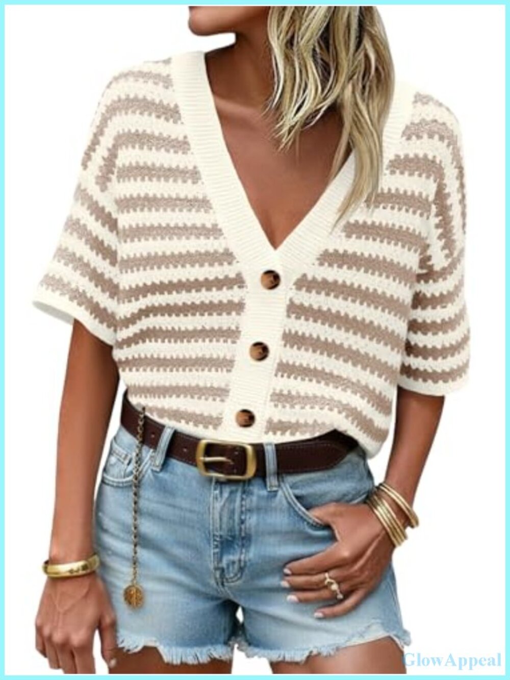 Striped Crochet Short Sleeve Cardigan Button Up V-Neck Sweater